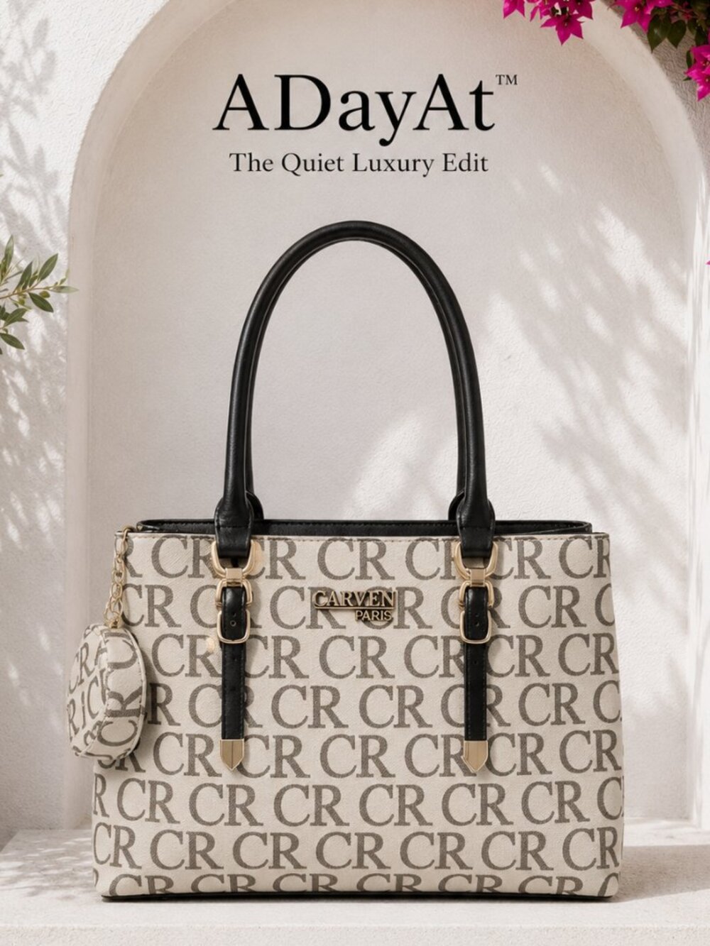 Carven Paris CR Monogram Canvas Tote Bag Black Trim Coin Pouch Vintage